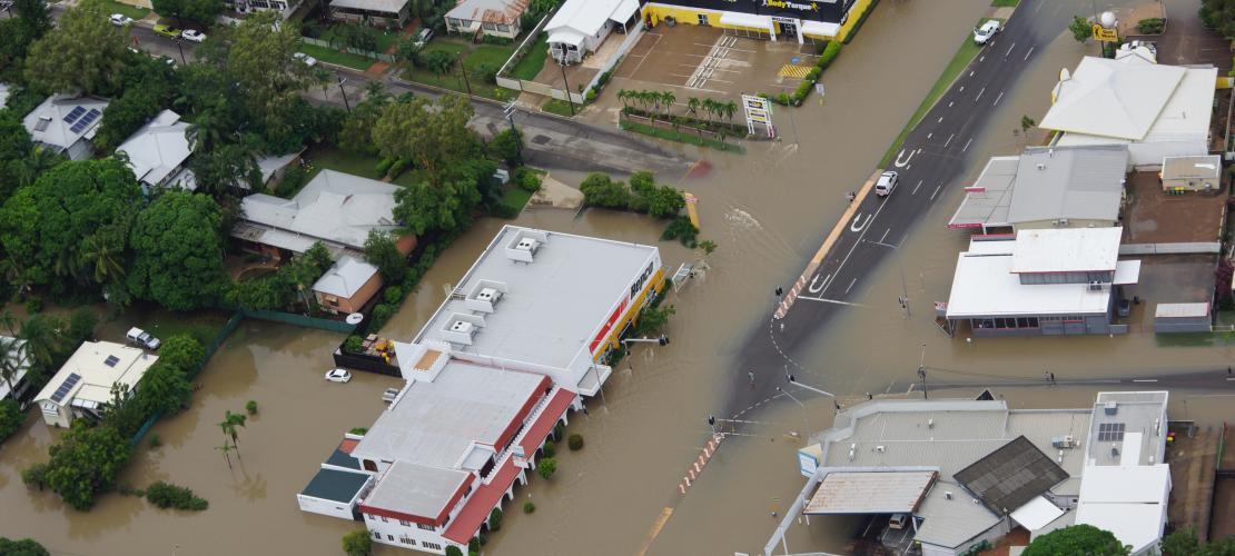 Aerial view of flooded town