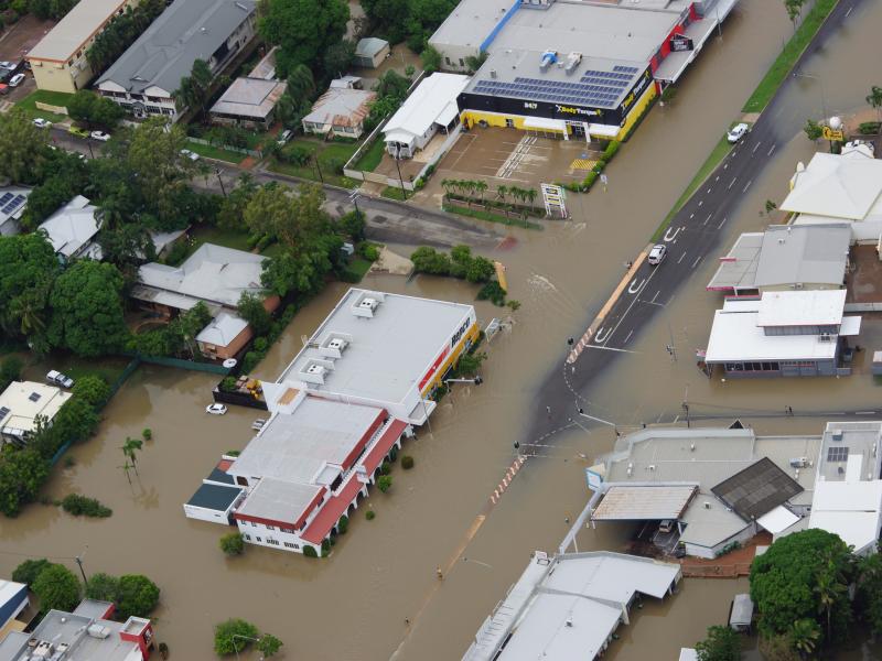 Aerial view of flooded town